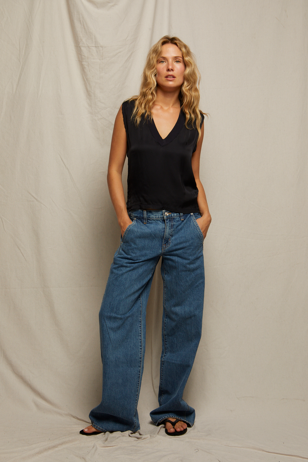 CELINA SATIN VNECK TANK-NAVY - Kingfisher Road - Online Boutique