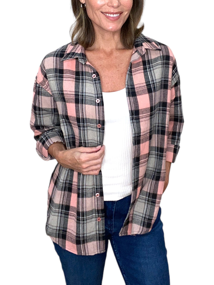 ALWAYS FUN PLAID SHIRT-PINK PLAID - Kingfisher Road - Online Boutique