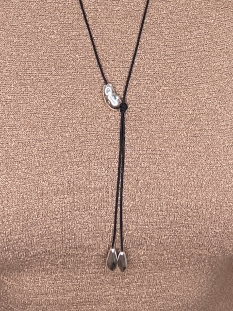 BLACK CORD LARIAT NECKLACE-SILVER