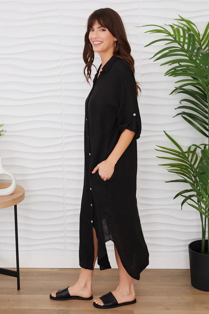 SOLID MIDI-LENGTH BUTTON DOWN LINEN DRESS-BLACK - Kingfisher Road - Online Boutique