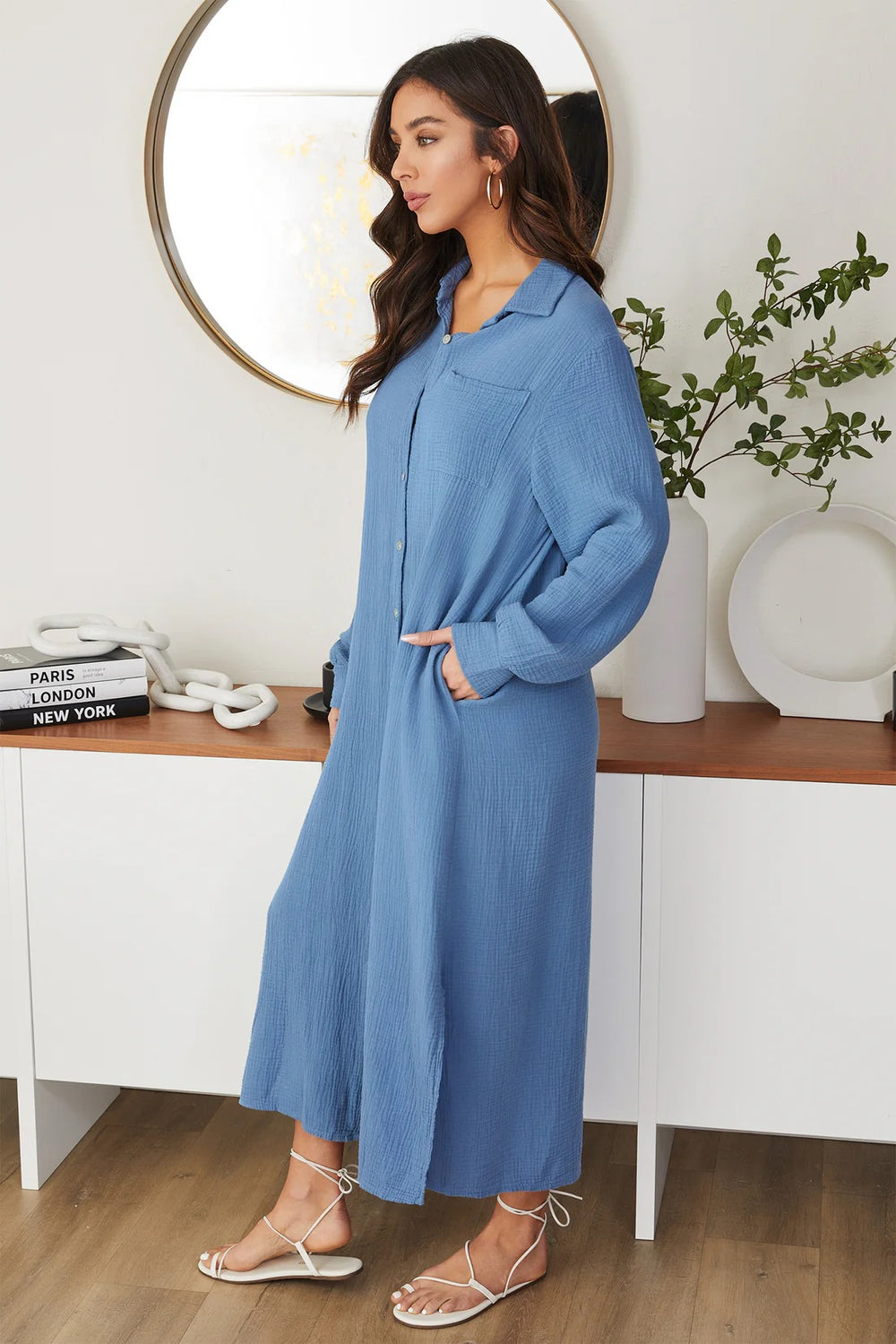 LONG SLEEVE BUTTON DOWN GAUZE MAXI DRESS-DENIM BLUE - Kingfisher Road - Online Boutique