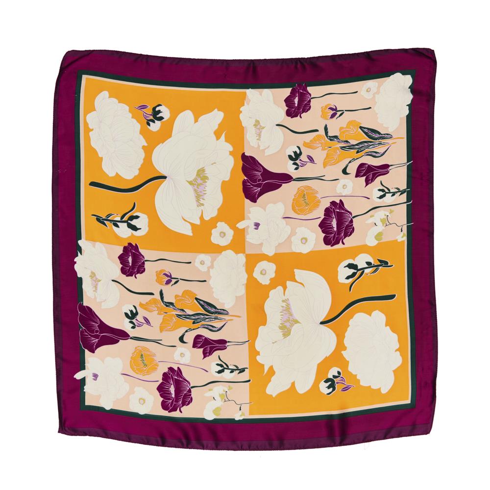 FLOWER SILKY SQUARE NECK SCARF-WINE