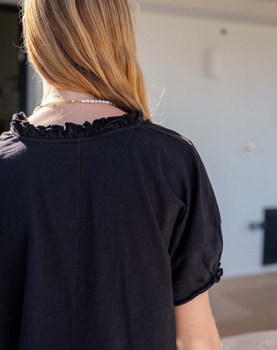 AMELIA RUFFLE TEE-BLACK - Kingfisher Road - Online Boutique
