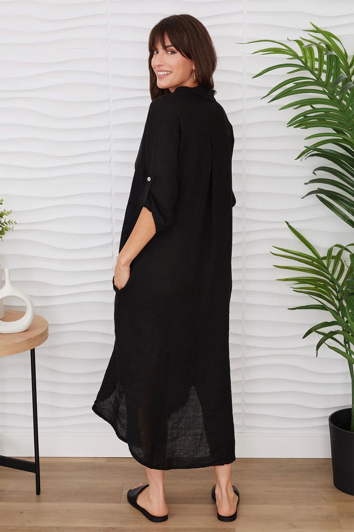 SOLID MIDI-LENGTH BUTTON DOWN LINEN DRESS-BLACK - Kingfisher Road - Online Boutique