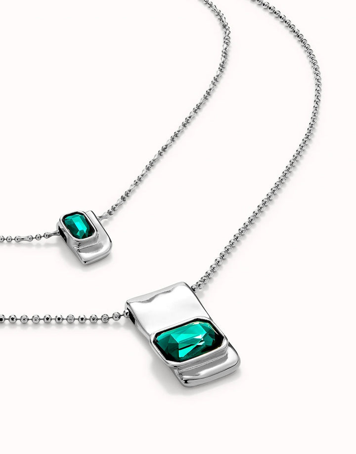 DOUBLE CHAIN WITH GREEN CRYSTALS-SILVER