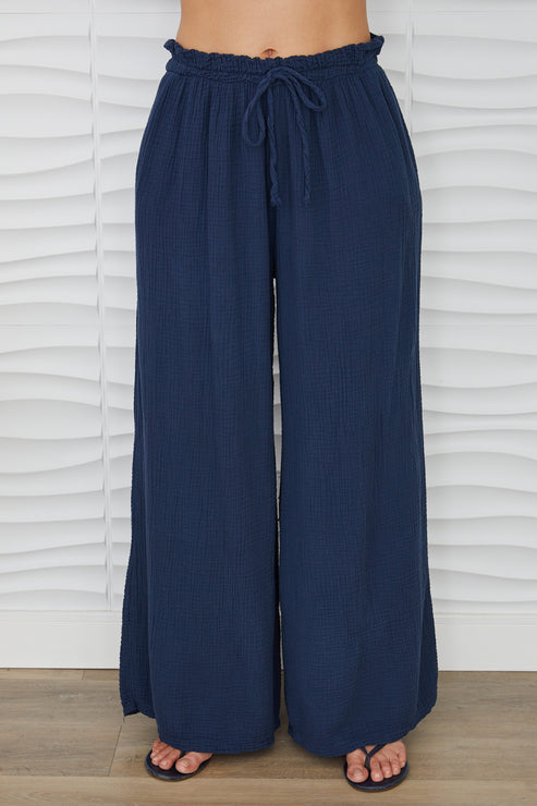 COTTON GAUZE DRAWSTRING PANTS-NAVY BLUE - Kingfisher Road - Online Boutique