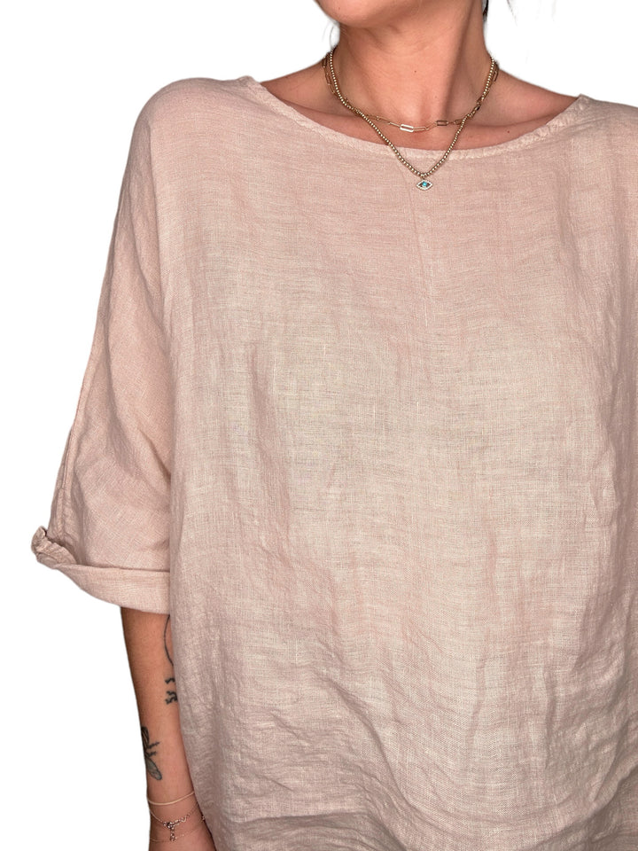 LINEN 3/4 SLEEVE SIDE VENT TUNIC-BEIGE - Kingfisher Road - Online Boutique