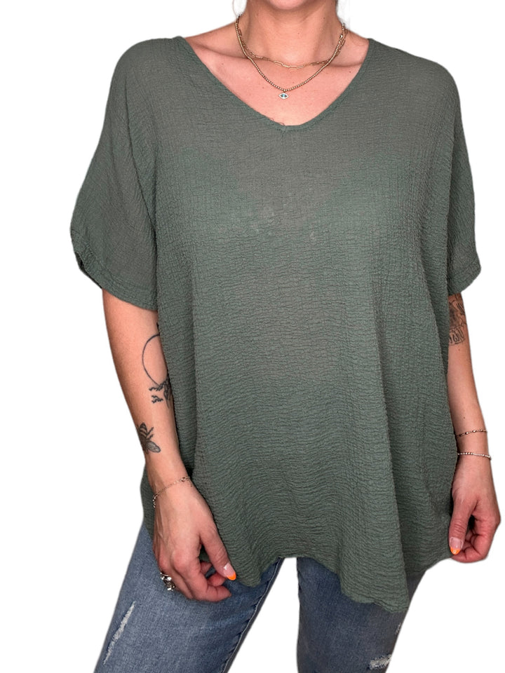 COTTON GAUZE V-NECK TEE-SAGE - Kingfisher Road - Online Boutique