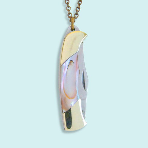 SHELL HANDLED KNIFE BRASS NECKLACE-ABALONE