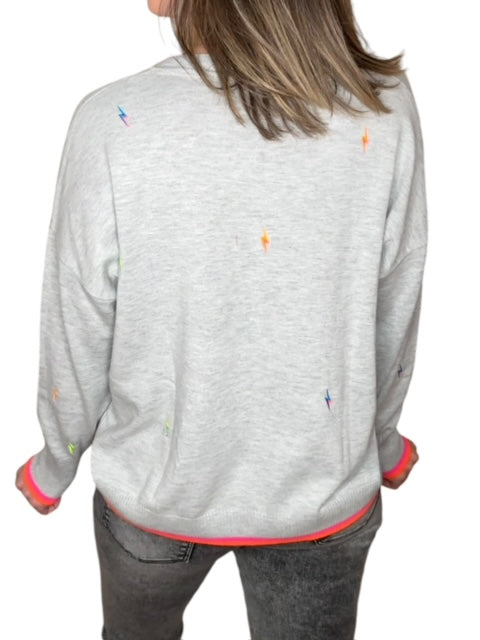 ELECTRIC EMBROIDERY V-NECK SWEATER-CHROMIUM/NEON PINK