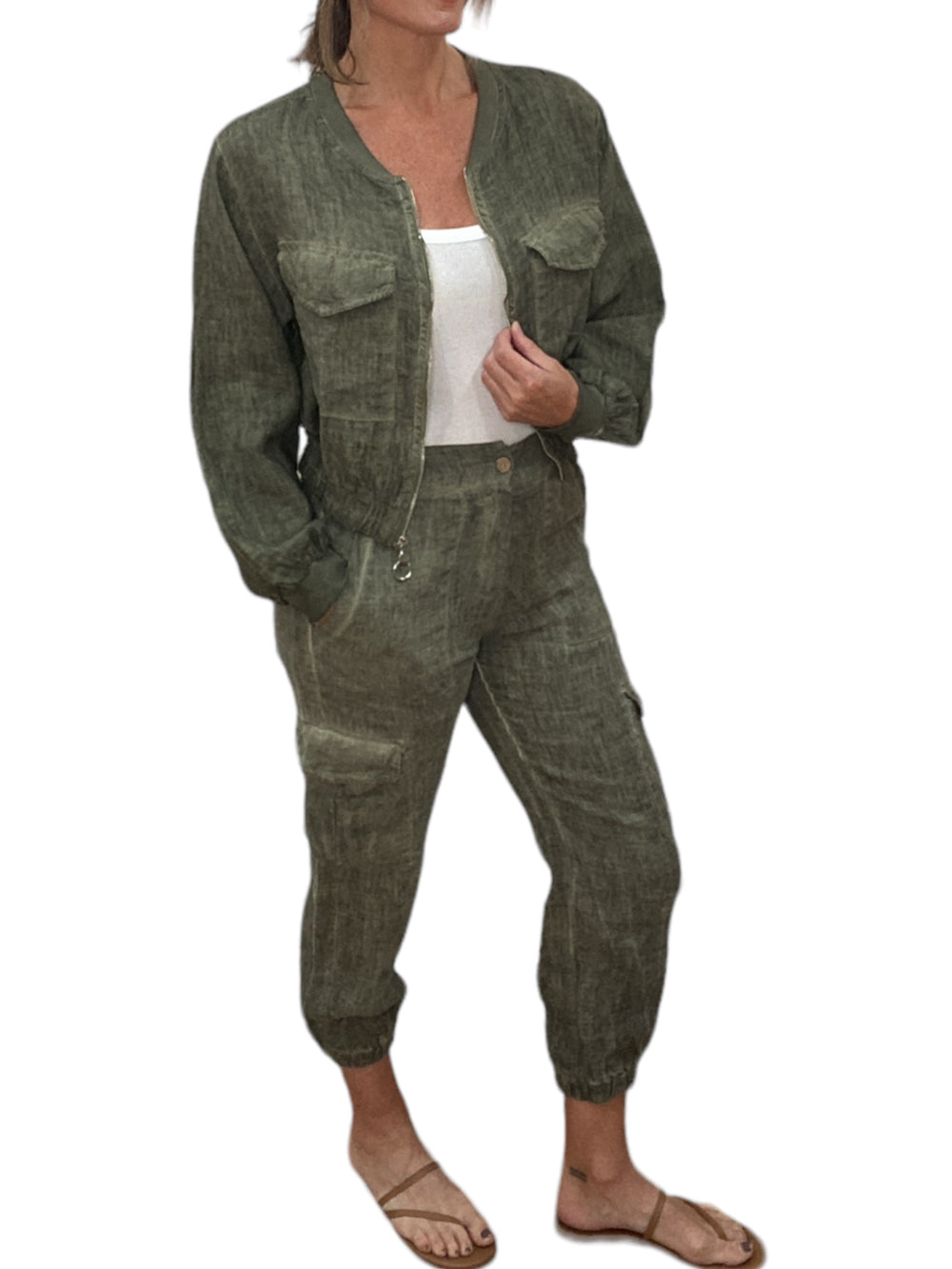 ANTIQUE WASH LINEN CARGO PANTS-ARMY GREEN - Kingfisher Road - Online Boutique