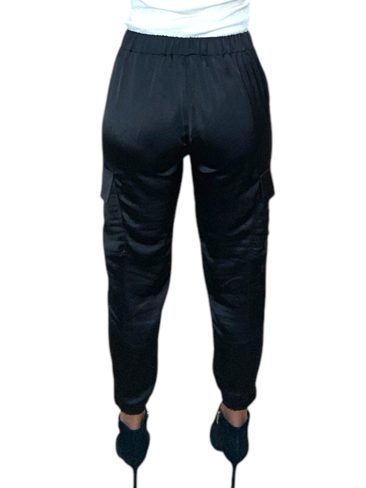 SATIN CARGO PANTS-BLACK