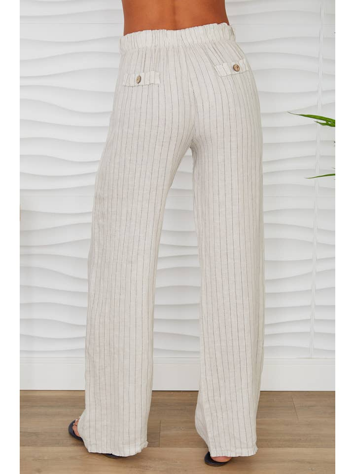 LINEN PINSTRIPE WIDELEG TROUSER-BEIGE - Kingfisher Road - Online Boutique