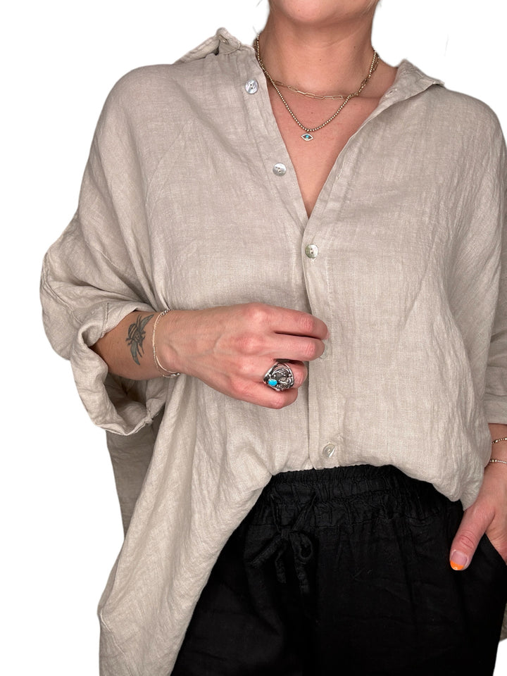 LINEN BUTTON FRONT TUNIC-BEIGE - Kingfisher Road - Online Boutique