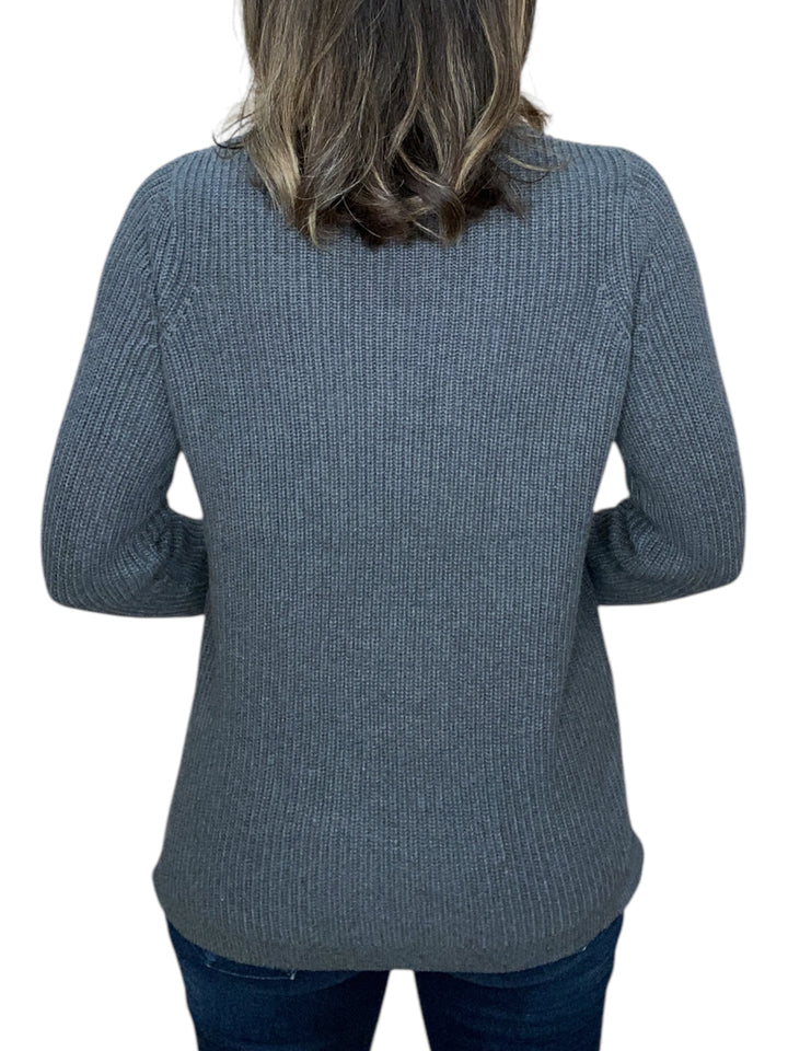 SHAKER CREW NECK SWEATER W/ SATIN POCKET-GUNMETAL