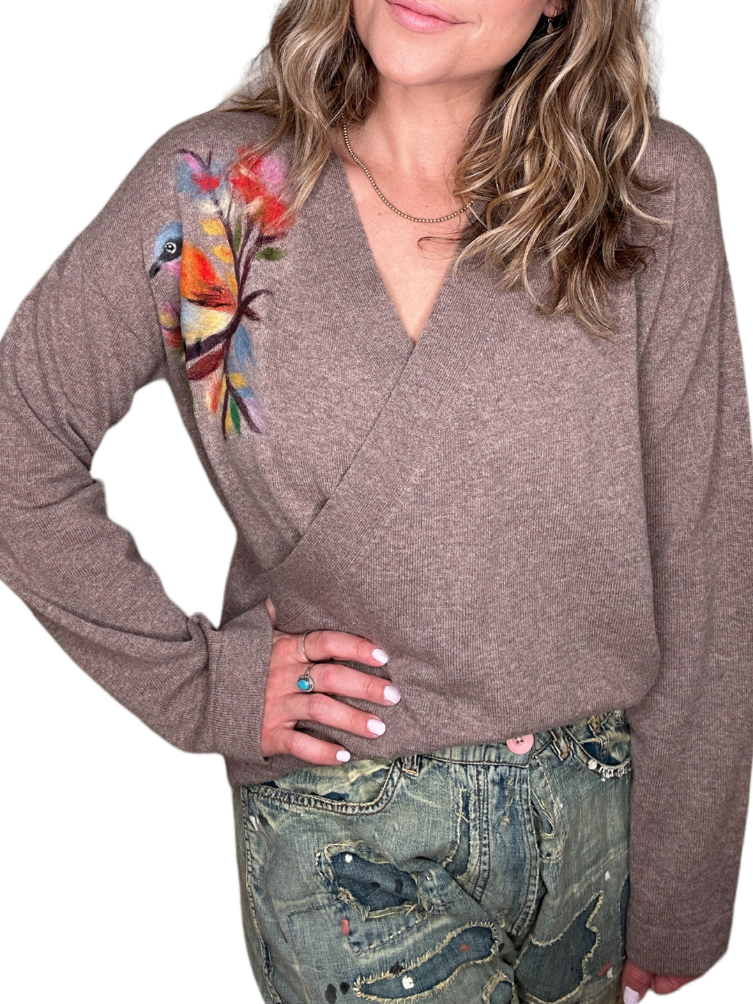 CASHMERE CRISS-CROSS BIRD ON BRANCH SWEATER-HONEY BEIGE - Kingfisher Road - Online Boutique