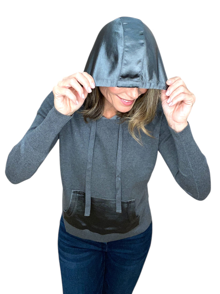 SATIN POCKET HOODIE-GUNMETAL