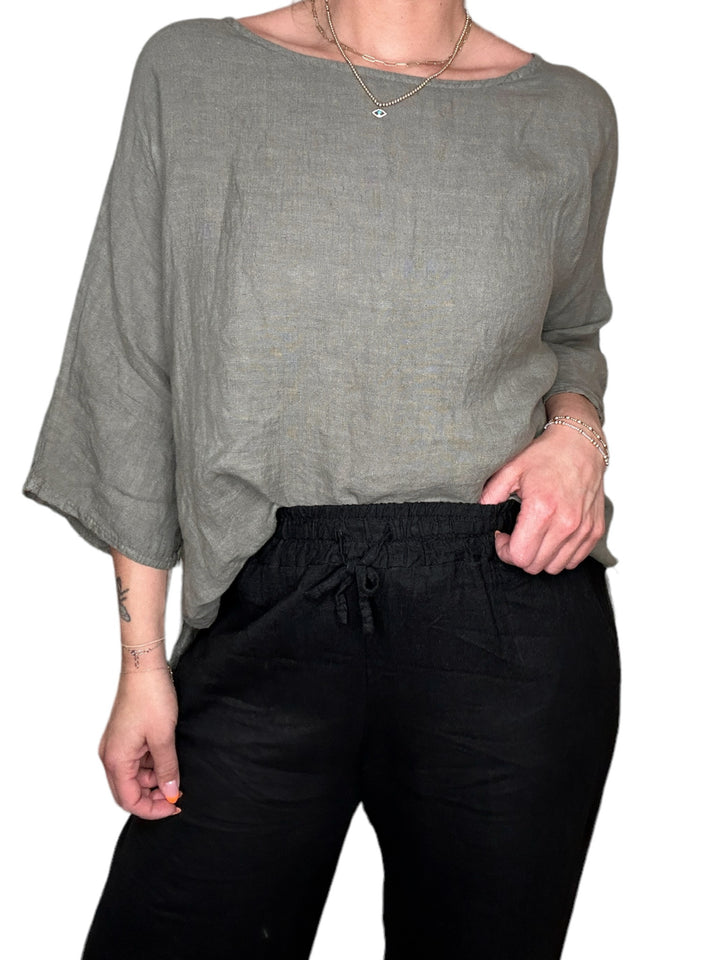 LINEN 3/4 SLEEVE SIDE VENT TUNIC-SAGE - Kingfisher Road - Online Boutique