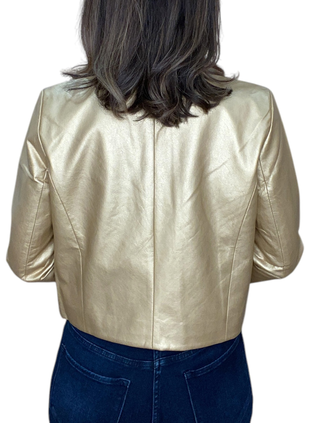 METALLIC COLLARLESS JACKET-GOLD