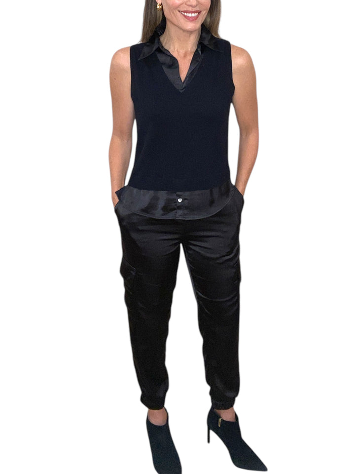 SATIN CARGO PANTS-BLACK