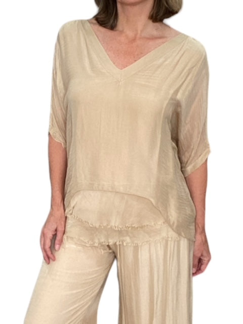 SILK V-NECK RUFFLE TOP-CAMEL - Kingfisher Road - Online Boutique