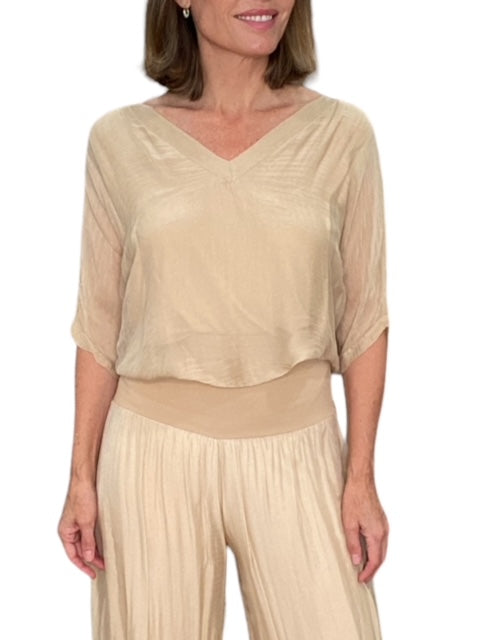 SILK V-NECK RUFFLE TOP-CAMEL - Kingfisher Road - Online Boutique