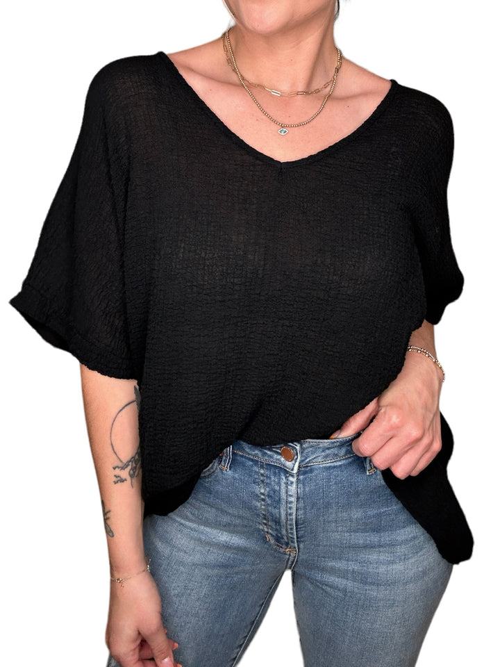 COTTON GAUZE V-NECK TEE-BLACK - Kingfisher Road - Online Boutique