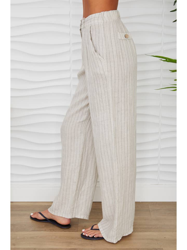 LINEN PINSTRIPE WIDELEG TROUSER-BEIGE - Kingfisher Road - Online Boutique