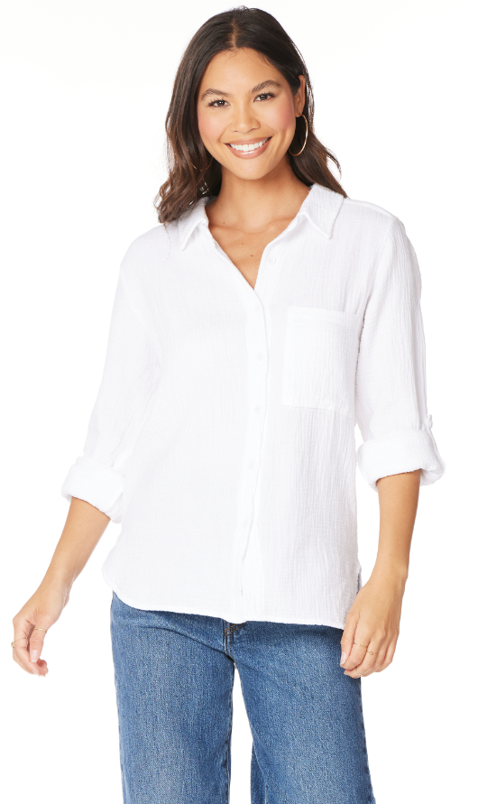 ROLL SLEEVE BUTTON FRONT COLLAR SHIRT-WHITE - Kingfisher Road - Online Boutique
