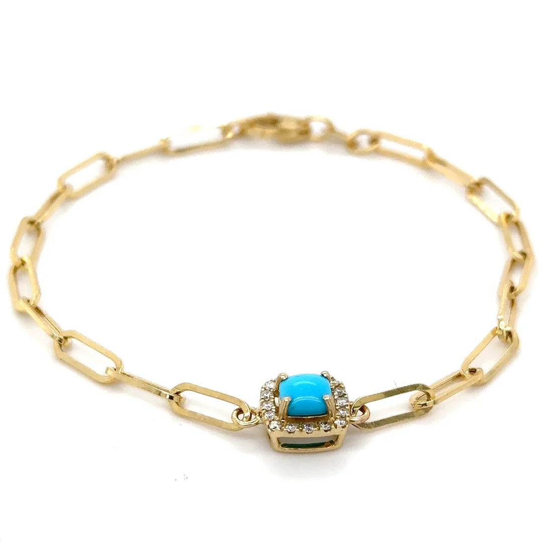 .58ct TURQUISE .14ct DIA CUSHION PAPERCLIP BRACELET-14kt YG - Kingfisher Road - Online Boutique