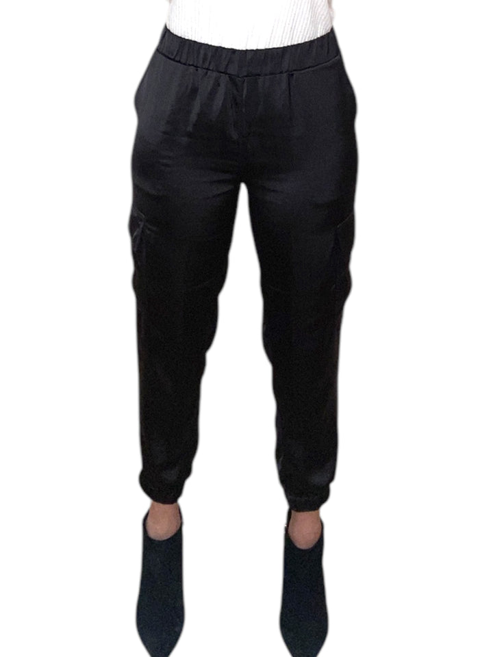 SATIN CARGO PANTS-BLACK