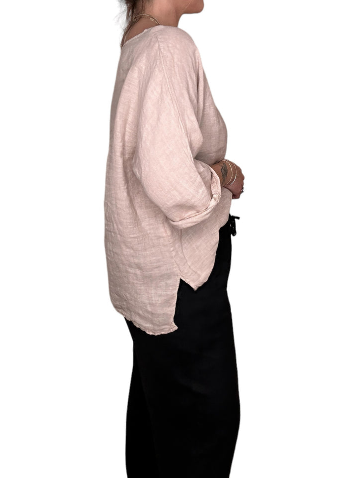 LINEN 3/4 SLEEVE SIDE VENT TUNIC-BEIGE - Kingfisher Road - Online Boutique