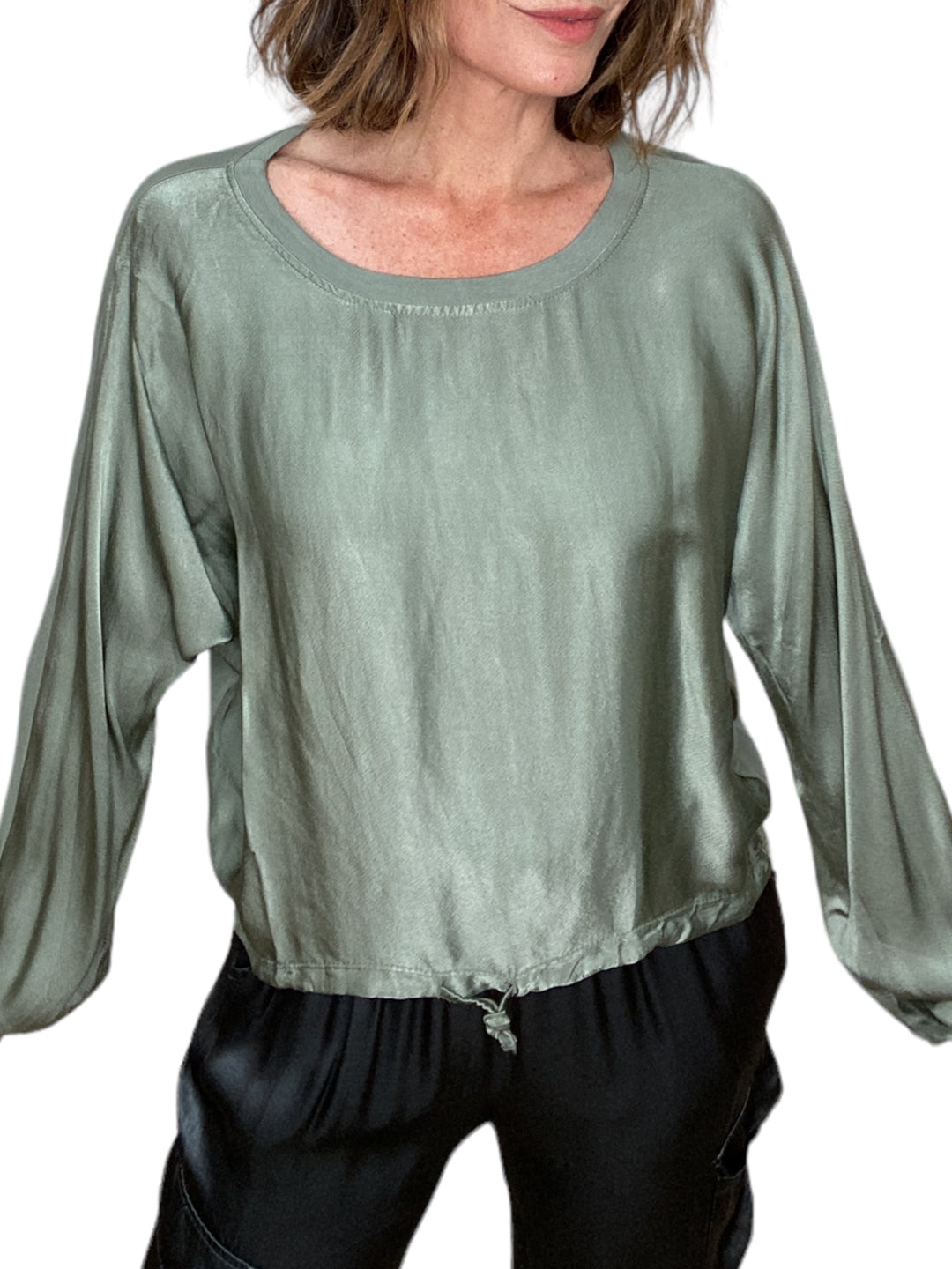 HANSEL SATIN FRONT DRAWSTRING LONG SLEEVE TOP-ARMY - Kingfisher Road - Online Boutique