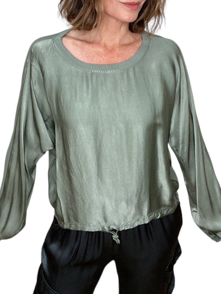 HANSEL SATIN FRONT DRAWSTRING LONG SLEEVE TOP-ARMY - Kingfisher Road - Online Boutique