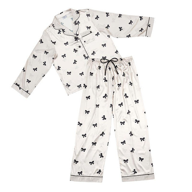 LONG SLEEVE PJ SET-IVORY/BLACK BOWS