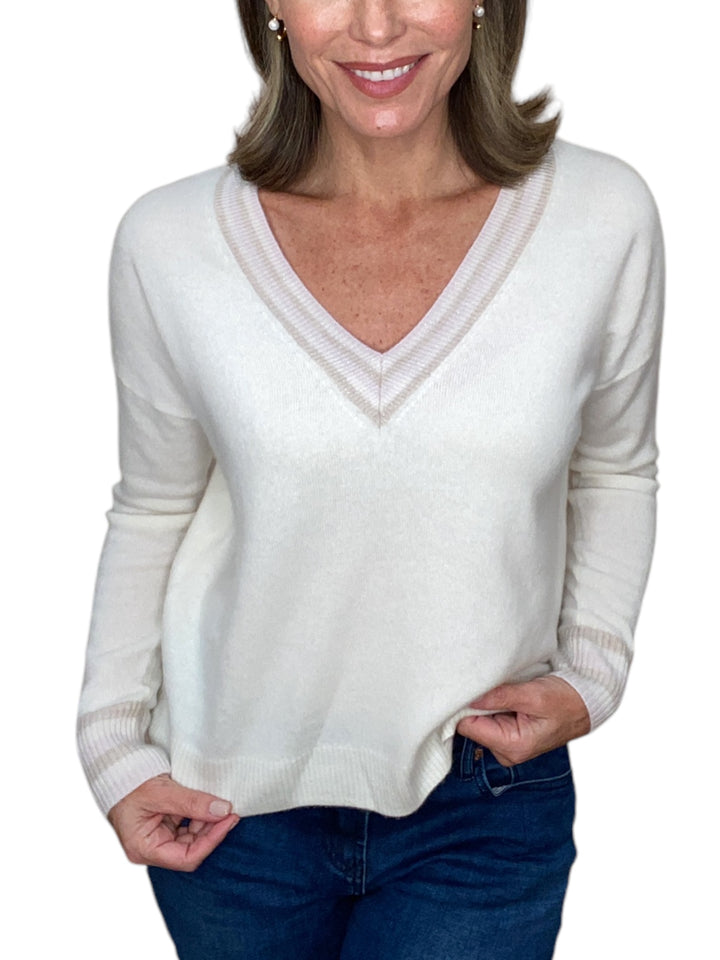 CASHMERE V-NECK SWEATER-CREAM STRIPES