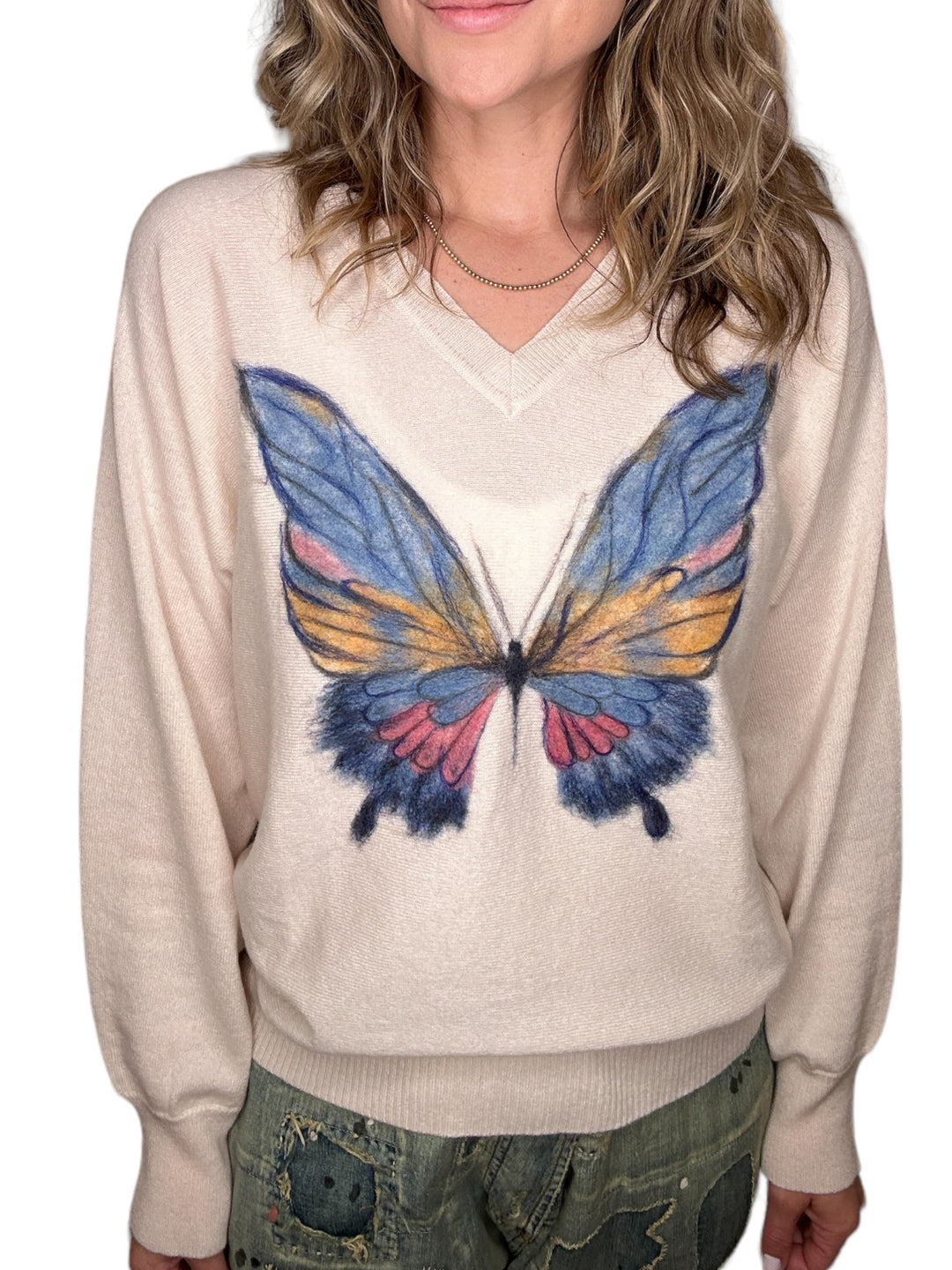CASHMERE V-NECK BUTTERFLY SWEATER-BUTTERMILK - Kingfisher Road - Online Boutique