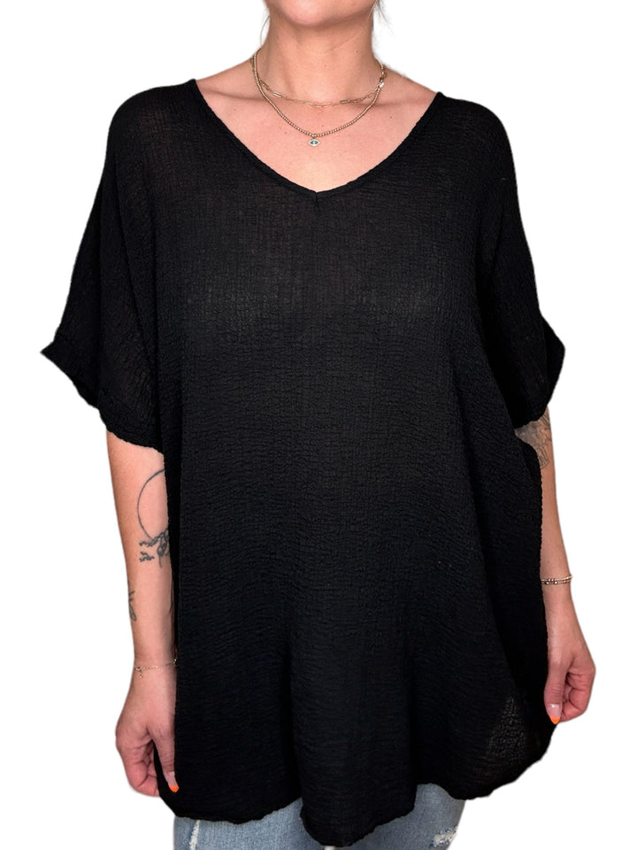 COTTON GAUZE V-NECK TEE-BLACK - Kingfisher Road - Online Boutique