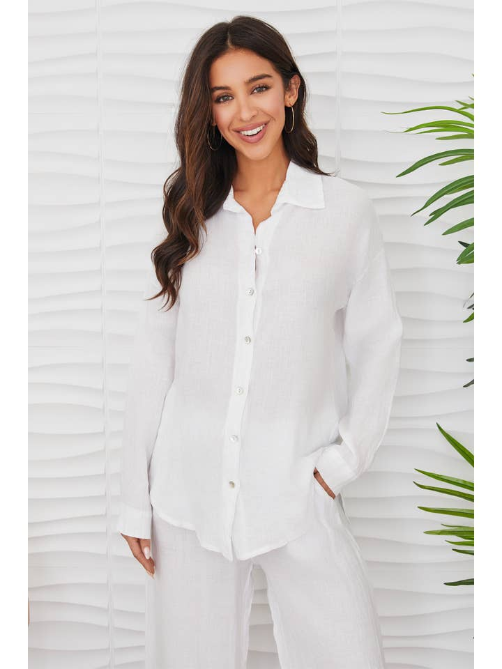 LINEN LONG SLEEVE HI-LO BUTTON DOWN TOP-WHITE - Kingfisher Road - Online Boutique