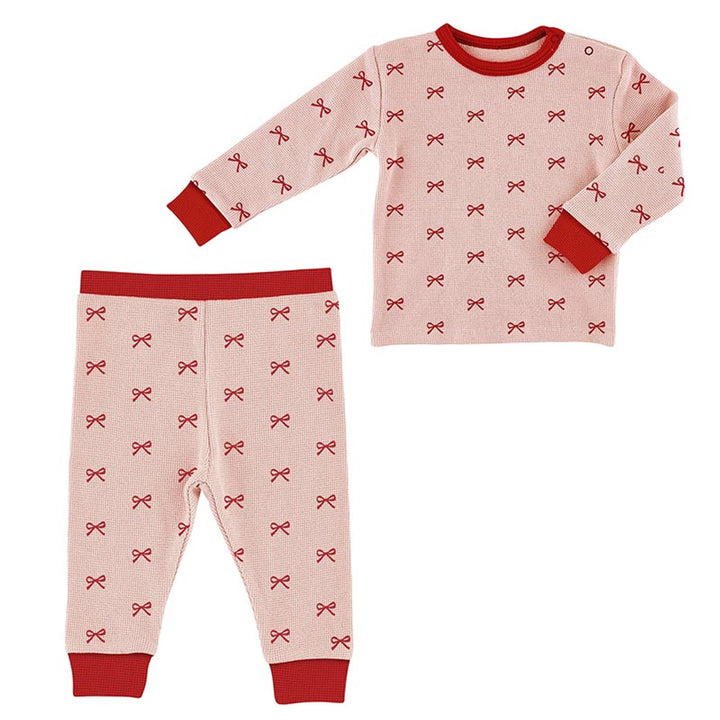 WAFFLE KNIT PJ SET-RED BOWS 6-12 MONTHS