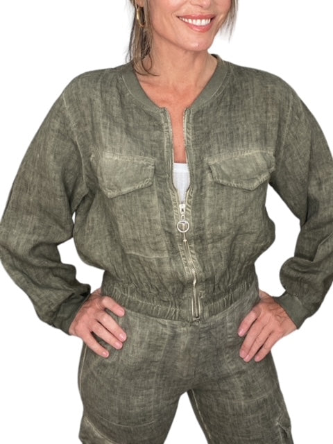 COLLARLESS LINEN CROPPED JACKET-ANTIQUE ARMY GREEN - Kingfisher Road - Online Boutique