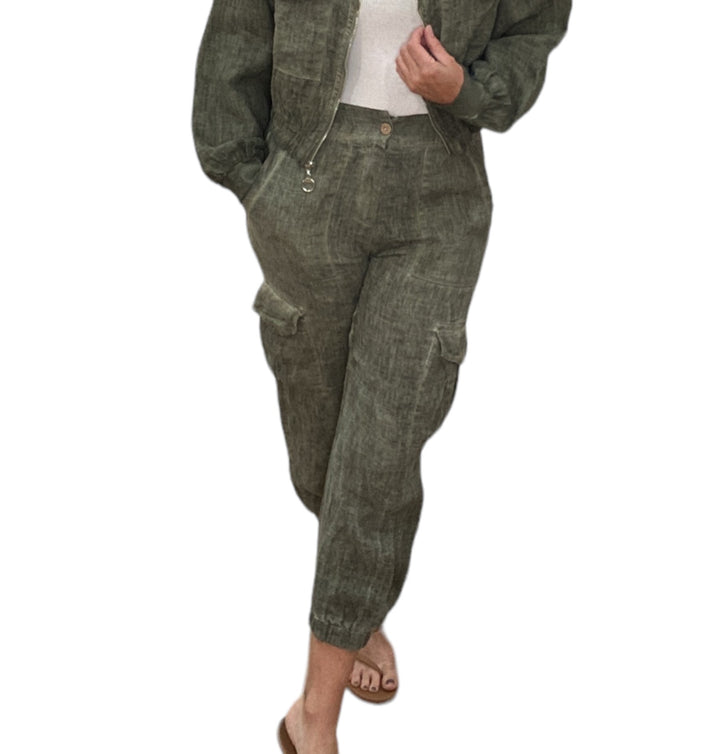 ANTIQUE WASH LINEN CARGO PANTS-ARMY GREEN - Kingfisher Road - Online Boutique