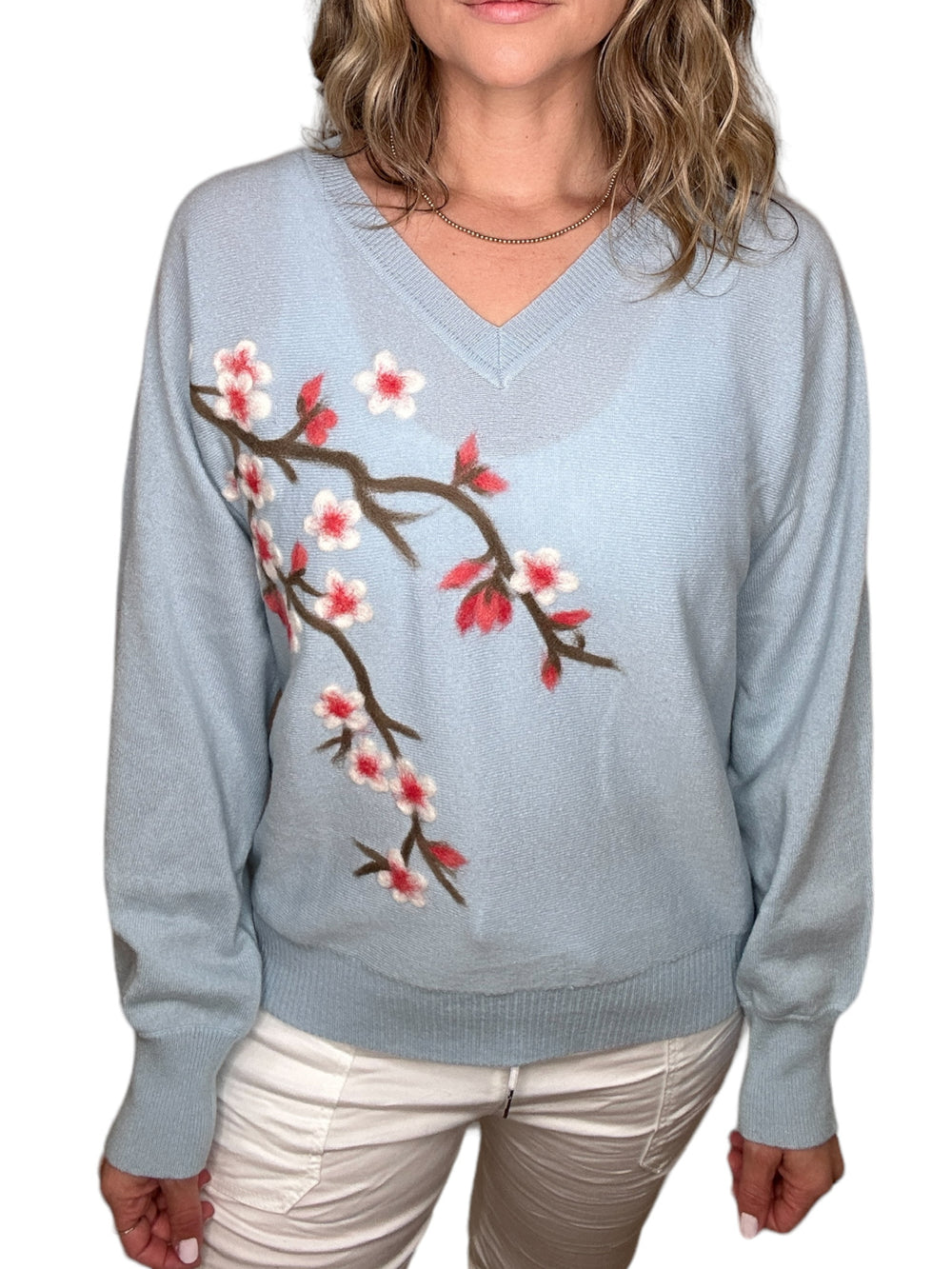 CASHMERE V-NECK CHERRY BLOSSOM SWEATER-BABY BLUE - Kingfisher Road - Online Boutique