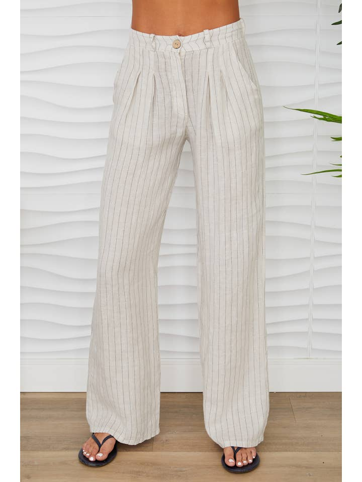 LINEN PINSTRIPE WIDELEG TROUSER-BEIGE - Kingfisher Road - Online Boutique