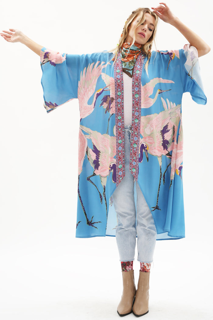 VINTAGE TEAL STORY OF THE CRANE KIMONO - Kingfisher Road - Online Boutique