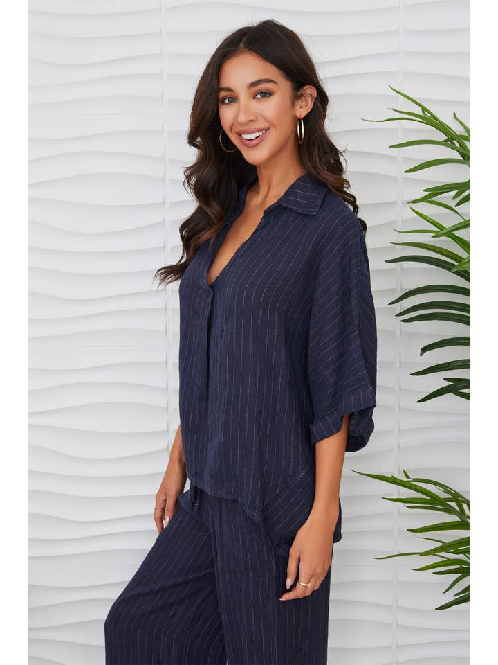 LINEN PINSTRIPE HIGH LOW TOP WITH COLLAR-NAVY - Kingfisher Road - Online Boutique