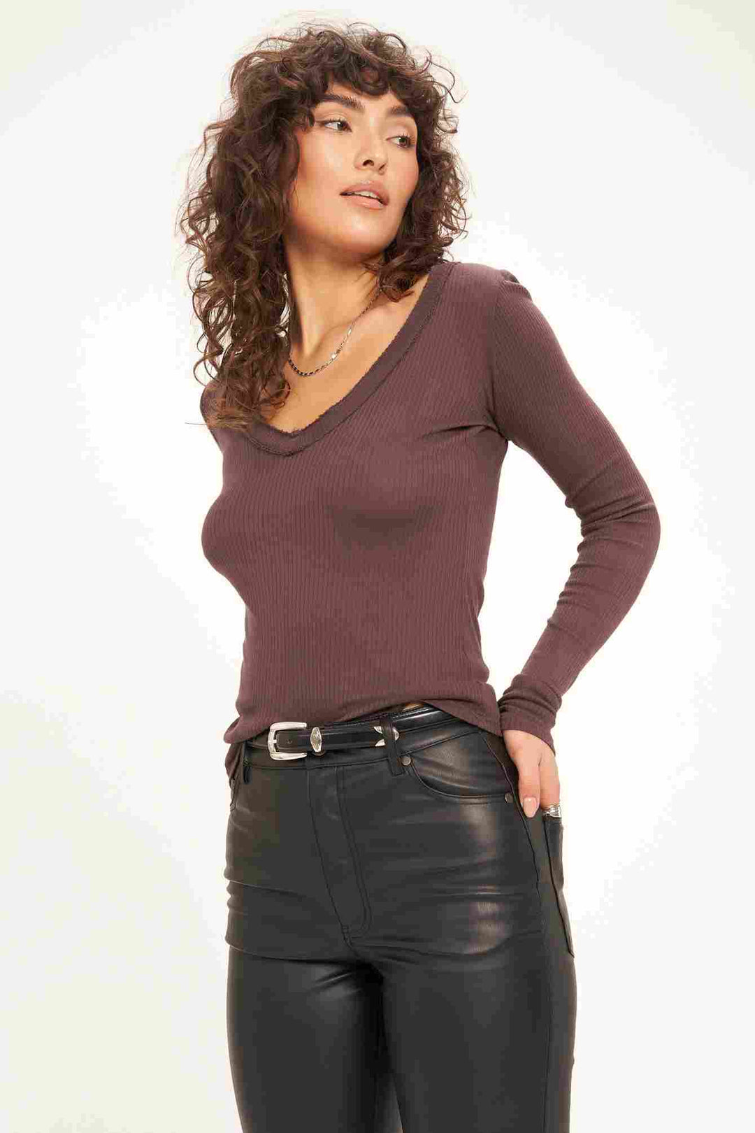 LAST TIME V NECK RIB LONGSLEEVE - RICH OAK - Kingfisher Road - Online Boutique