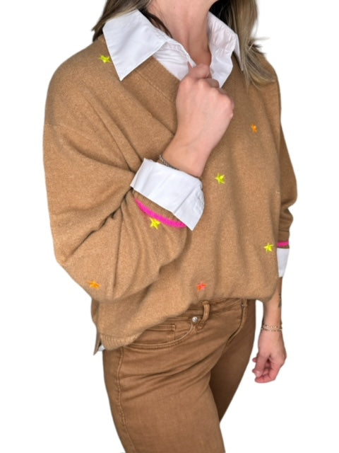 STAR SHIRTING V-NECK SWEATER-CHESTNUT