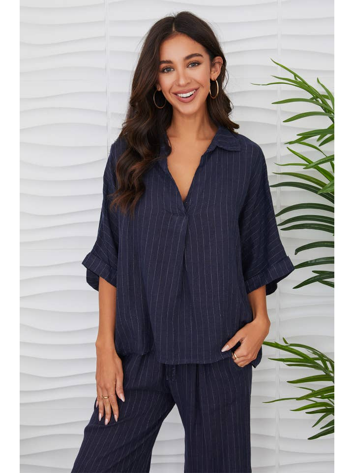 LINEN PINSTRIPE HIGH LOW TOP WITH COLLAR-NAVY - Kingfisher Road - Online Boutique