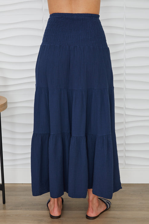 TIERED COTTON GAUZE SKIRT-NAVY BLUE - Kingfisher Road - Online Boutique